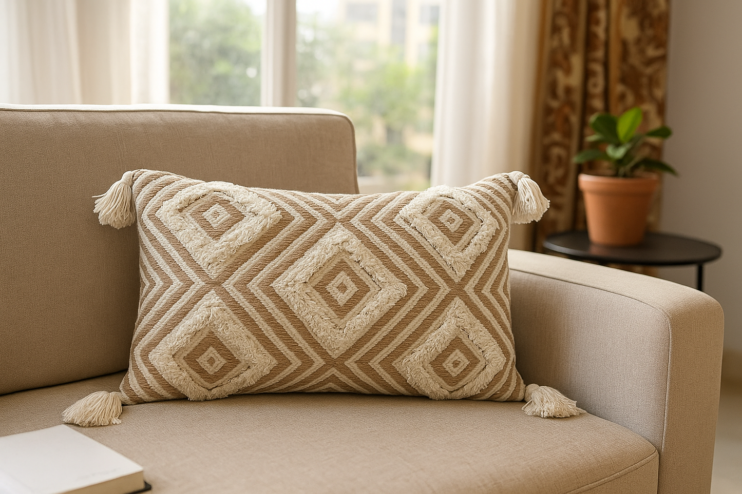 Handwoven Geometric Boho Cushion Cover with Tassels – 12x20 Inch Cotton Throw Pillow for Sofa, Bed & Living Room