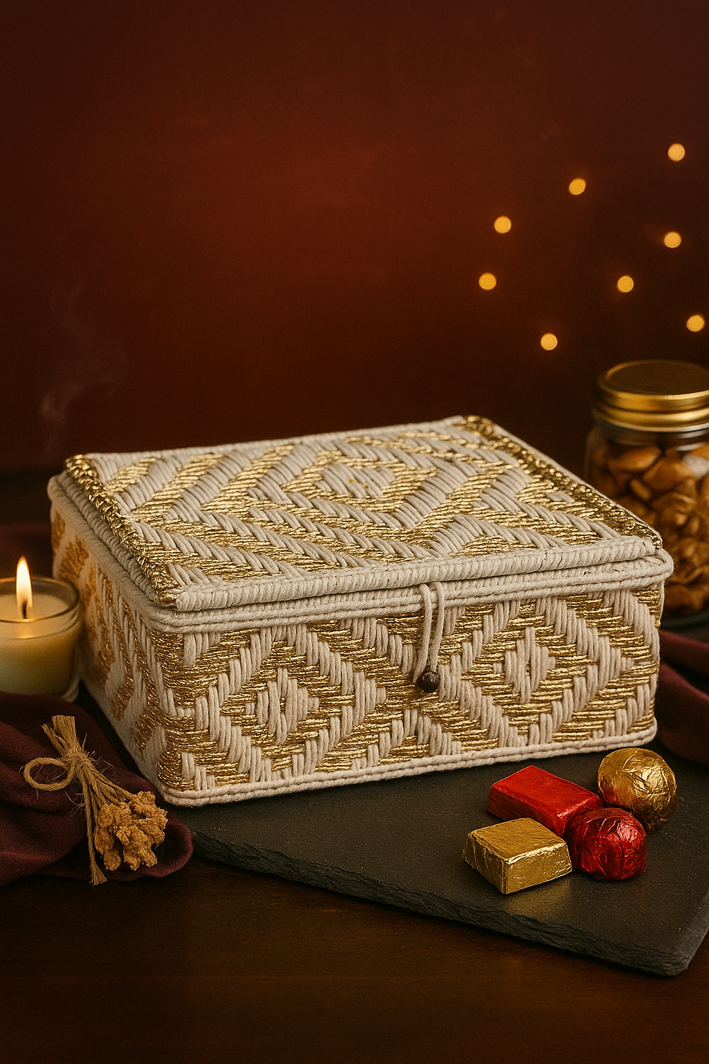 Eco-friendly handcrafted gift hamper basket with chocolates – perfect for Diwali and festive gifting