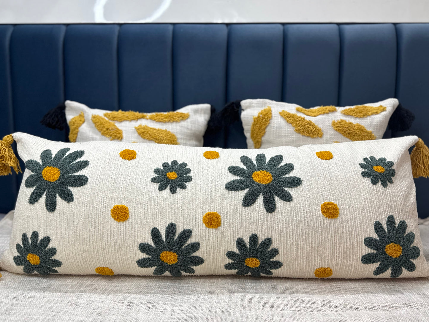 Blue floral Embroidered Lumbar Cushion with tassels- Modern Boho Embroidered Cotton Pillow for Sofa & Bed 36” X 14” (With Pillow)