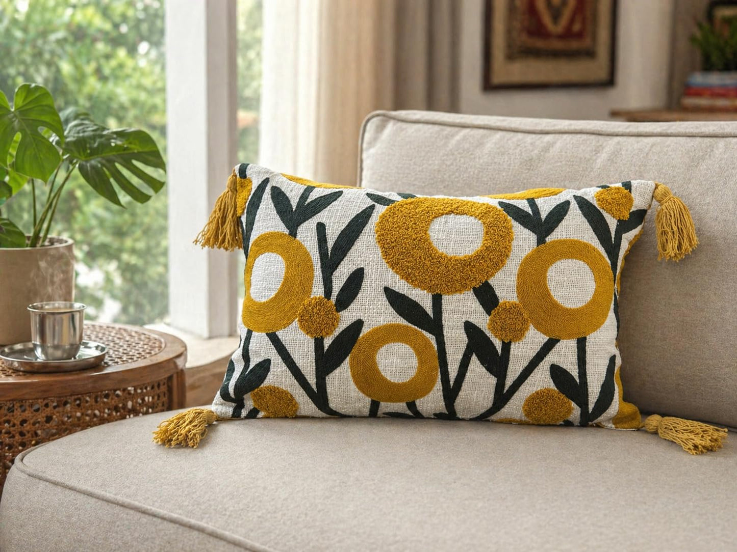 Prista Floral Embroidered Cushion Cover 12x20 Inch | Hand Embroidered Slub Cotton Lumbar Pillow Cover with Tassels | Boho Decorative Cushion for Sofa, Bed & Living Room (Autumn Bloom)