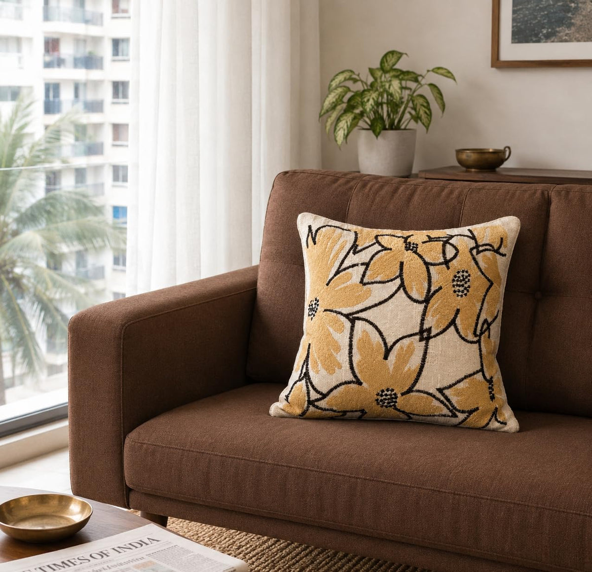 Prista Embroidered Cushion Cover 16x16 Inch | Decorative Textured Throw Pillow Cover for Sofa, Living Room & Bedroom | Cotton Slub Cushion Cover | Boho Home Decor | 40 x 40 cm (1, Golden Bloom)