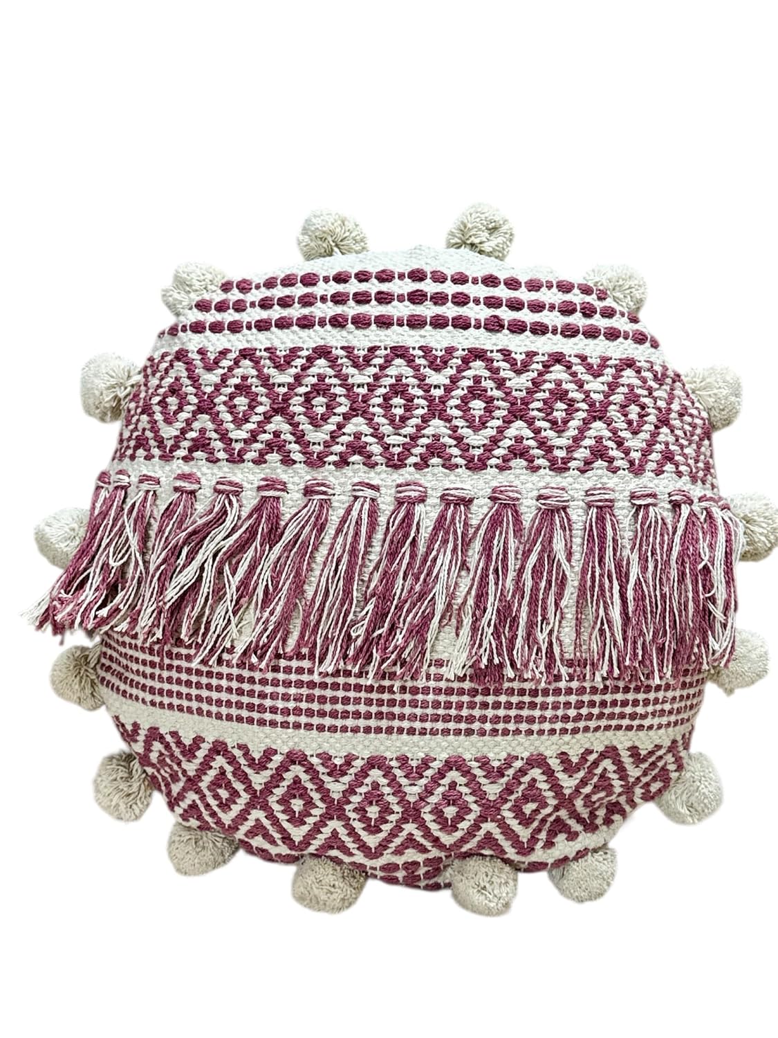Prista Boho Round Cushion Cover with Pom Poms | Cotton Linen Textured | 16 x 16 inch | Sofa, Balcony & Bed Decor