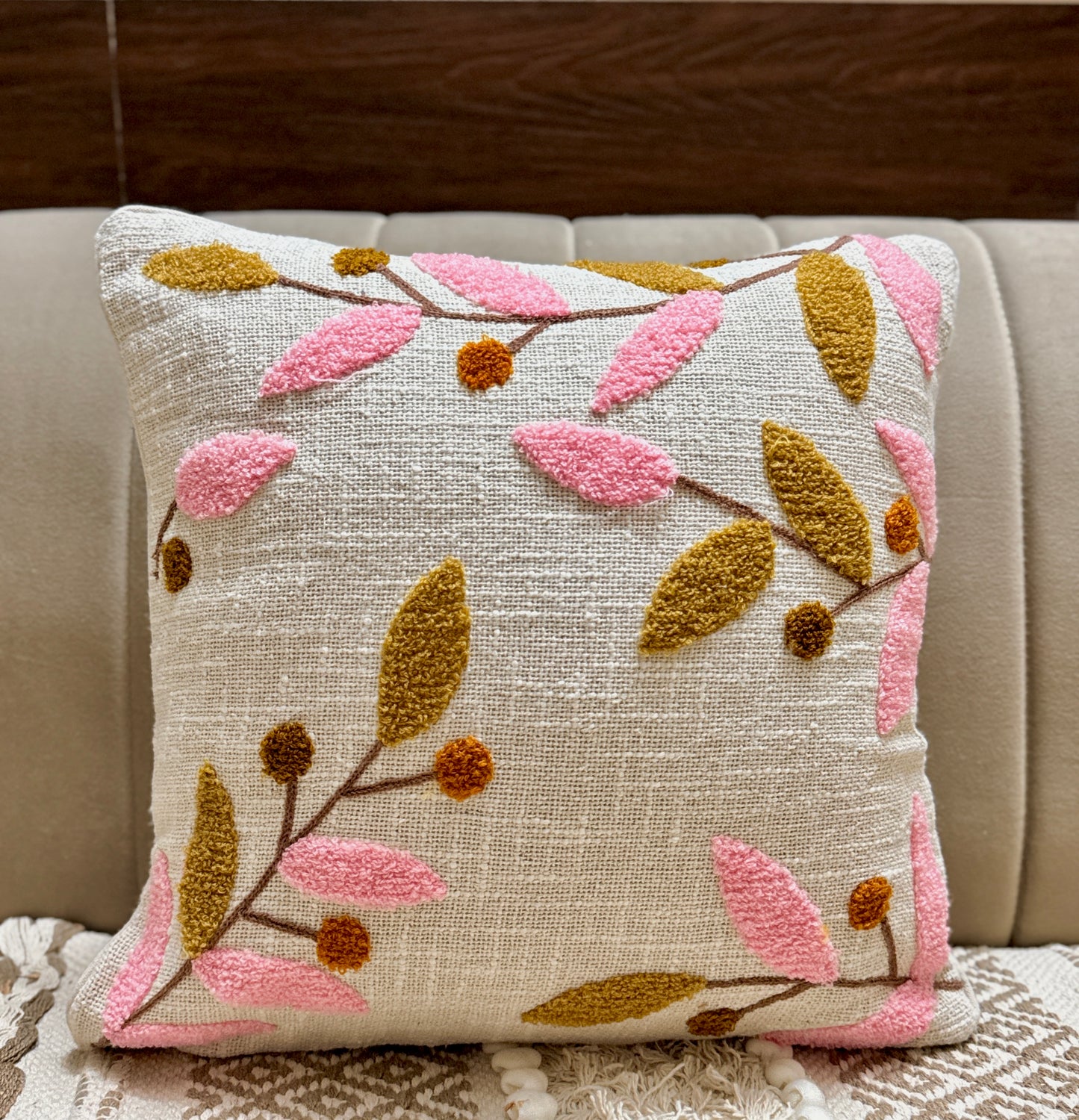 Blush Botanica Embroidered Cushion Cover 16 inch X 16 inch