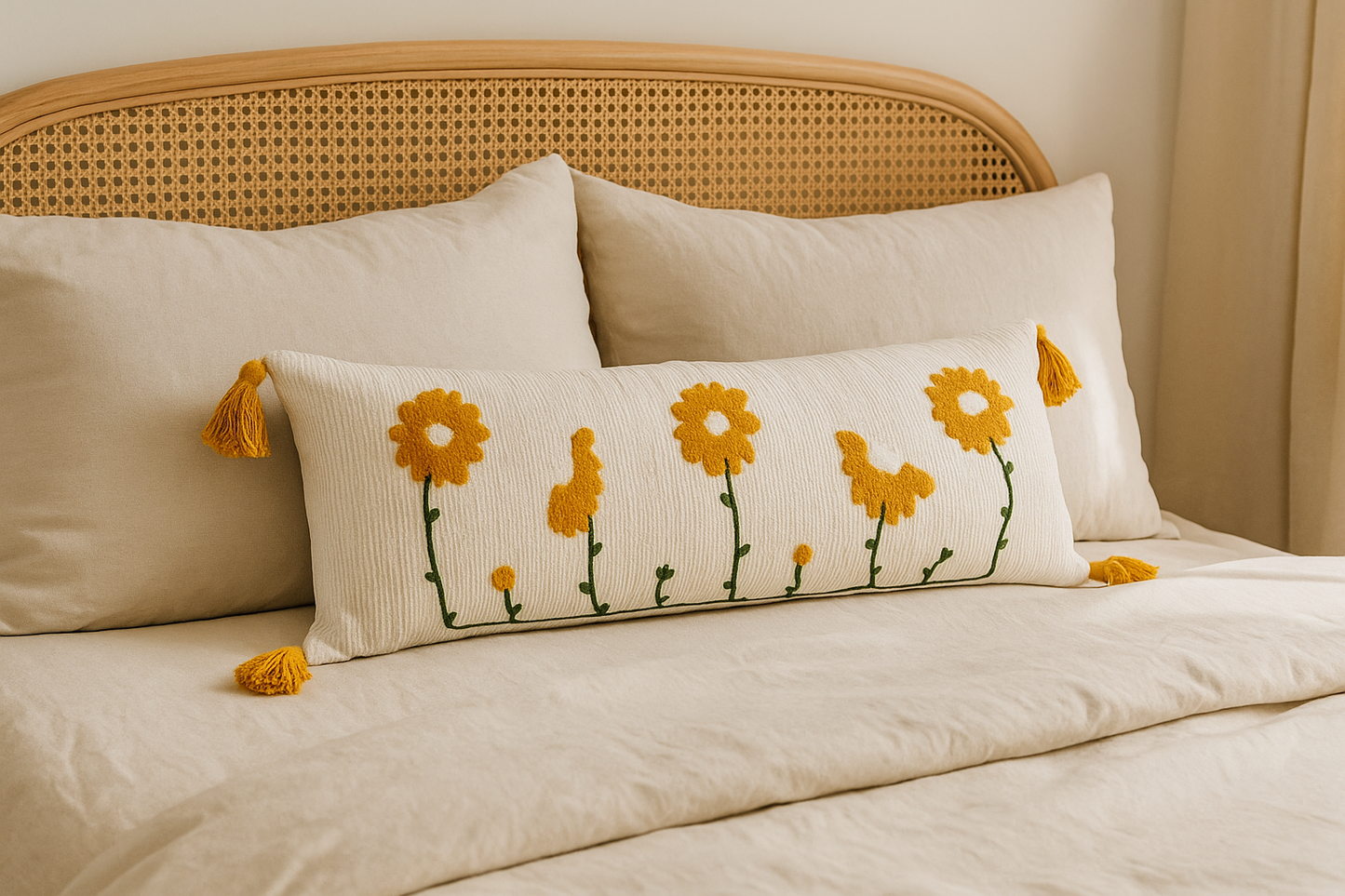 Yellow and White Floral Embroidered Lumbar Cushion with Tassels- Modern Boho Embroidered Cotton Pillow for Sofa & Bed 36” X 14” (With Pillow)