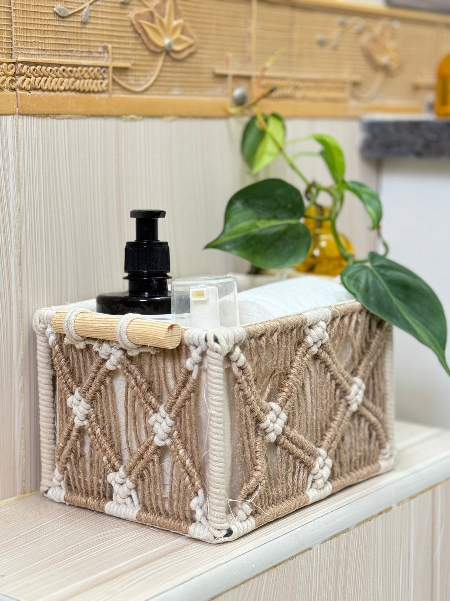 Jute and Macrame Organiser Basket( Small)