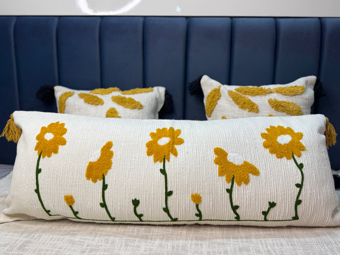 Yellow and White Floral Embroidered Lumbar Cushion with Tassels- Modern Boho Embroidered Cotton Pillow for Sofa & Bed 36” X 14” (With Pillow)