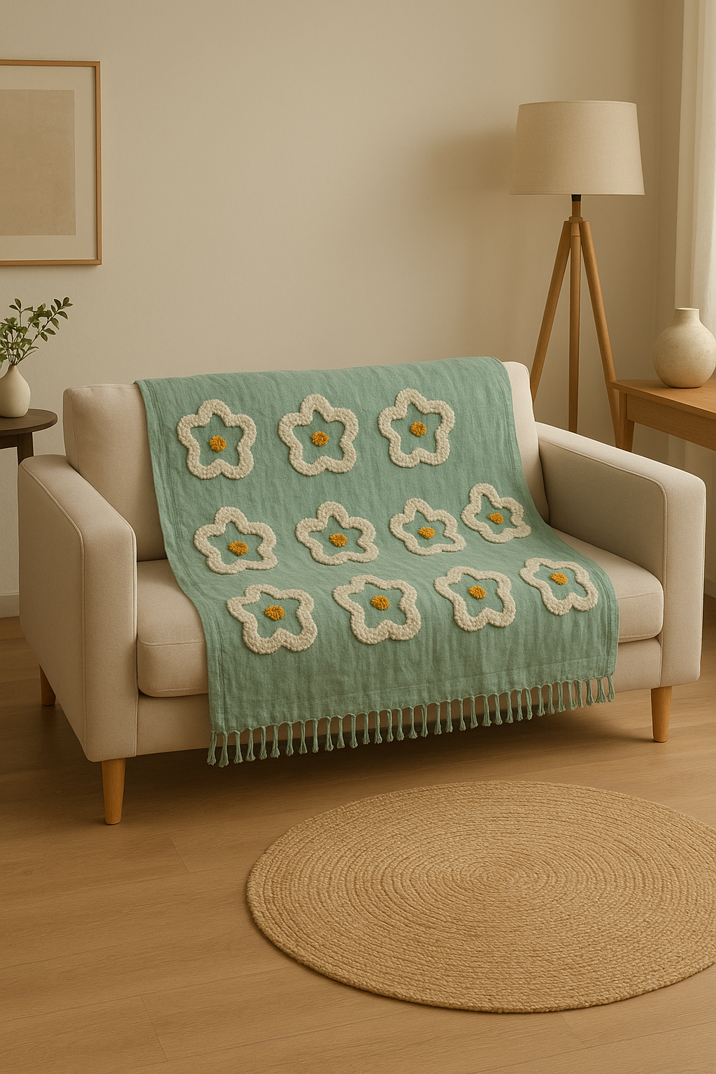 Hand-Tufted Floral Cotton Throw Blanket – Sage Green Sofa Accent with Fringe Detailing
