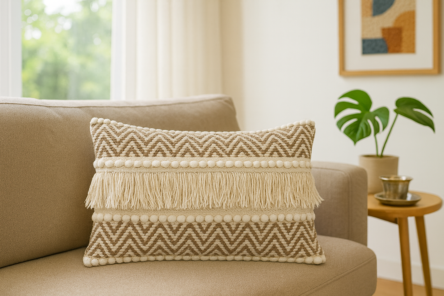 Handmade Boho Cushion Cover 12 x 20 India 12 x 20 India with beige zig-zag design, fringes & cotton fabric – Prista Homes
