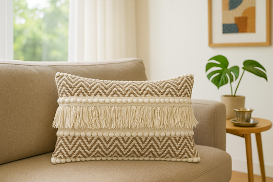 Handmade Boho Cushion Cover 12 x 20 India 12 x 20 India with beige zig-zag design, fringes & cotton fabric – Prista Homes