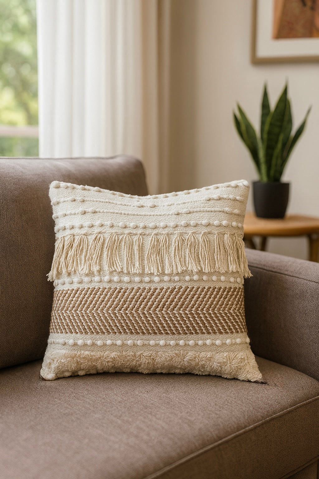 Boho Cushion Cover 16x16 India handmade cotton with chevron weave and tassels – Prista Homes