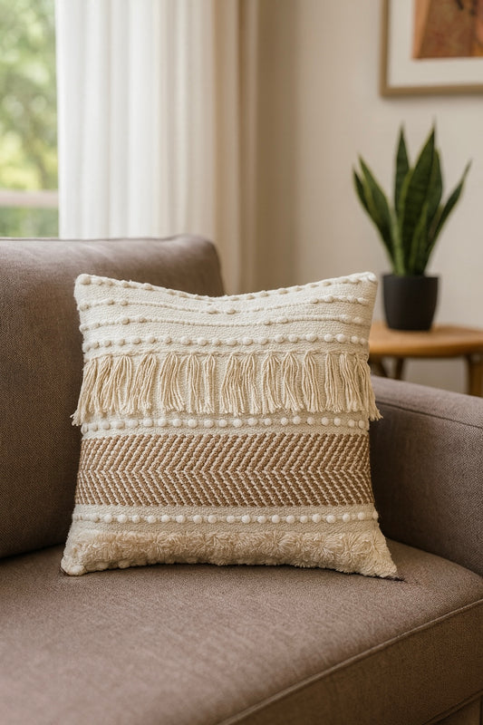 Boho Cushion Cover 16x16 India handmade cotton with chevron weave and tassels – Prista Homes