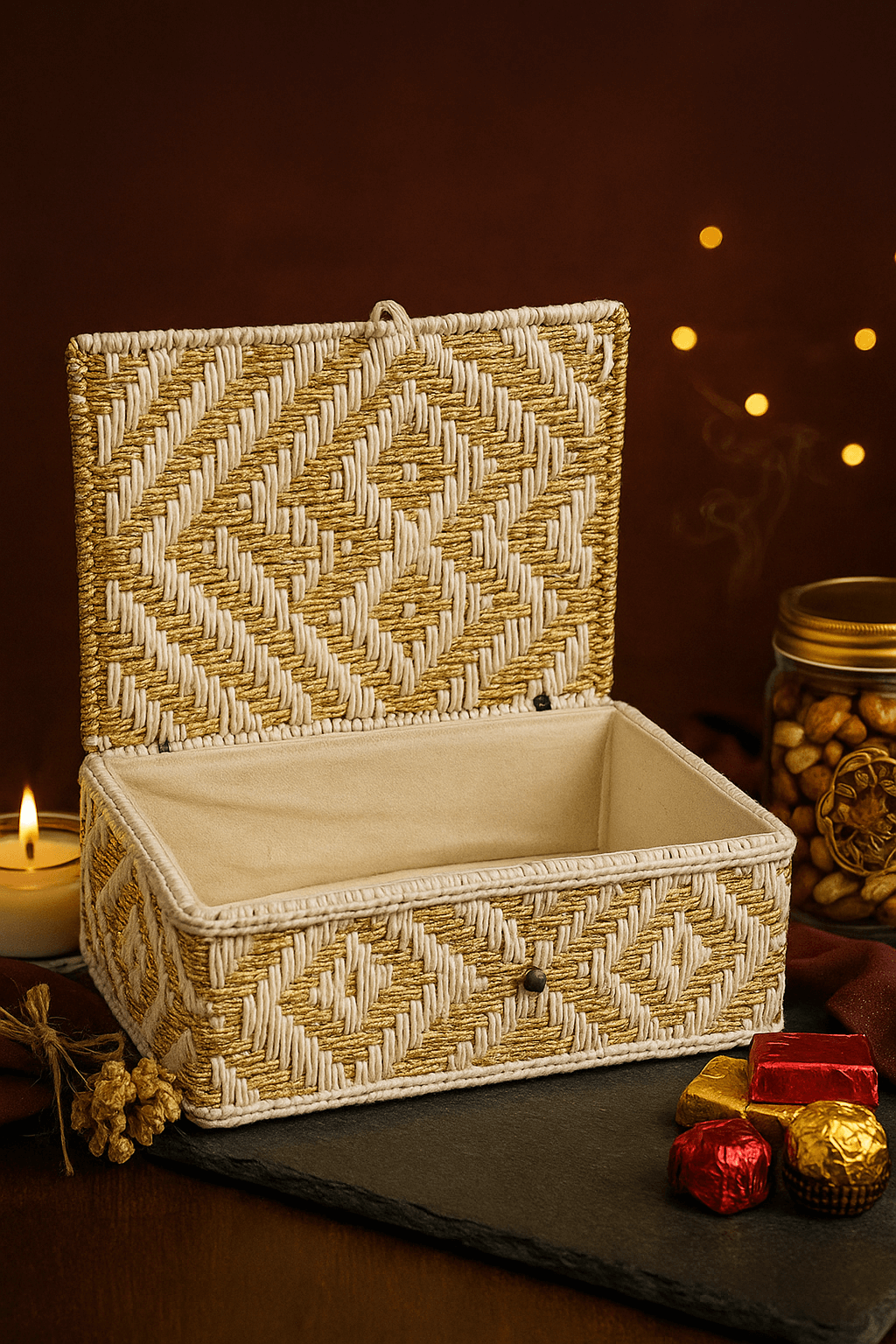 Handcrafted golden macrame basket with cloth lining – eco-friendly Diwali gifting hamper organiser