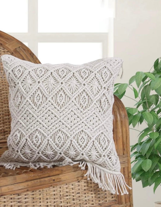 Macrame Cushion Cover with side fringes 16inch X 16 inch