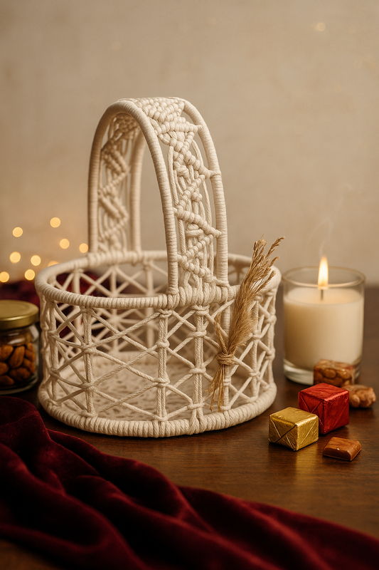 Round macrame basket with handle styled with chocolates, candle and festive décor.