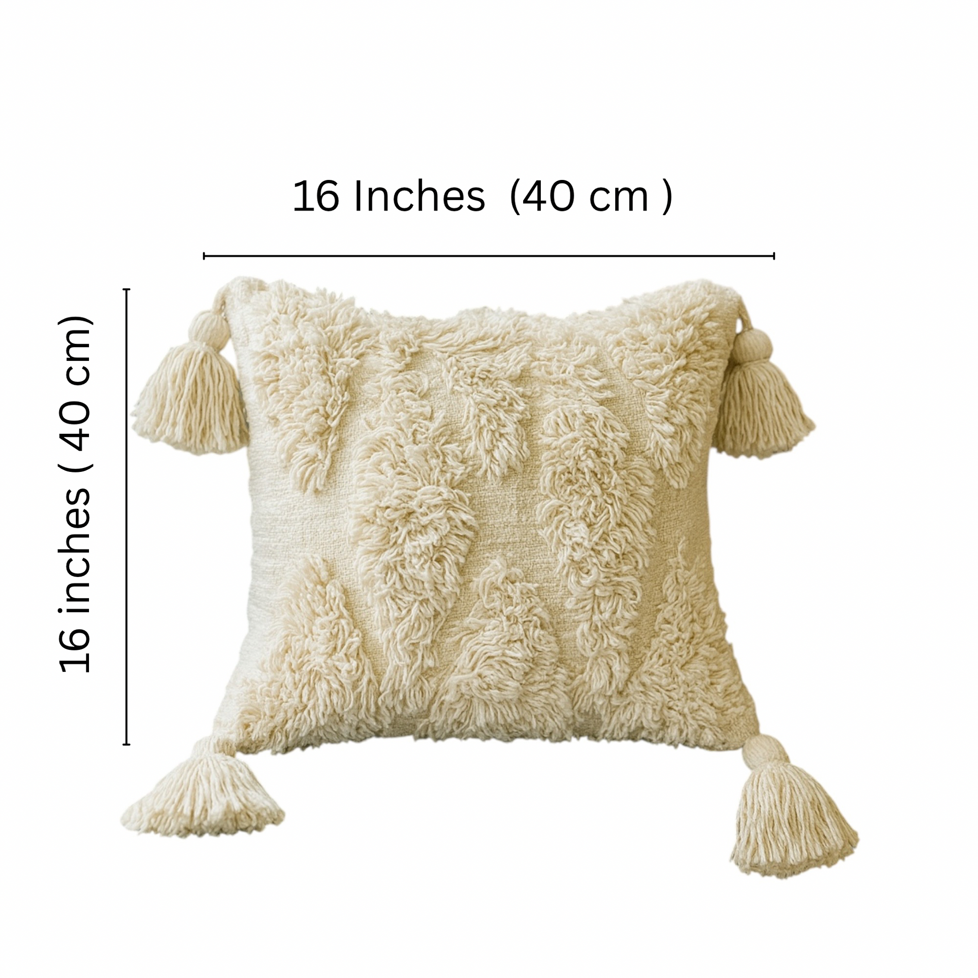 Hand Tufted cotton cushion cover online  with tassels – 16x16 inch handmade boho pillow on white background