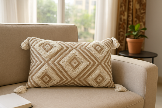 Handwoven Geometric Boho Cushion Cover with Tassels – 12x20 Inch Cotton Throw Pillow for Sofa, Bed & Living Room