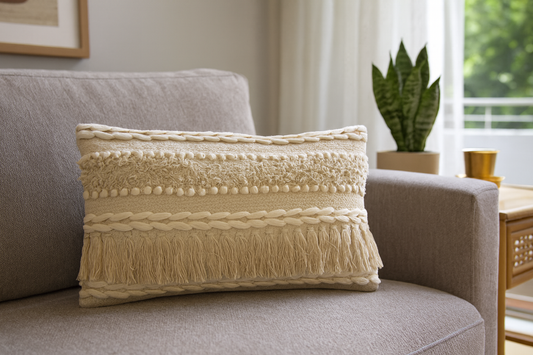 Handmade lumbar cushion cover 12x20 with fringes by artisans