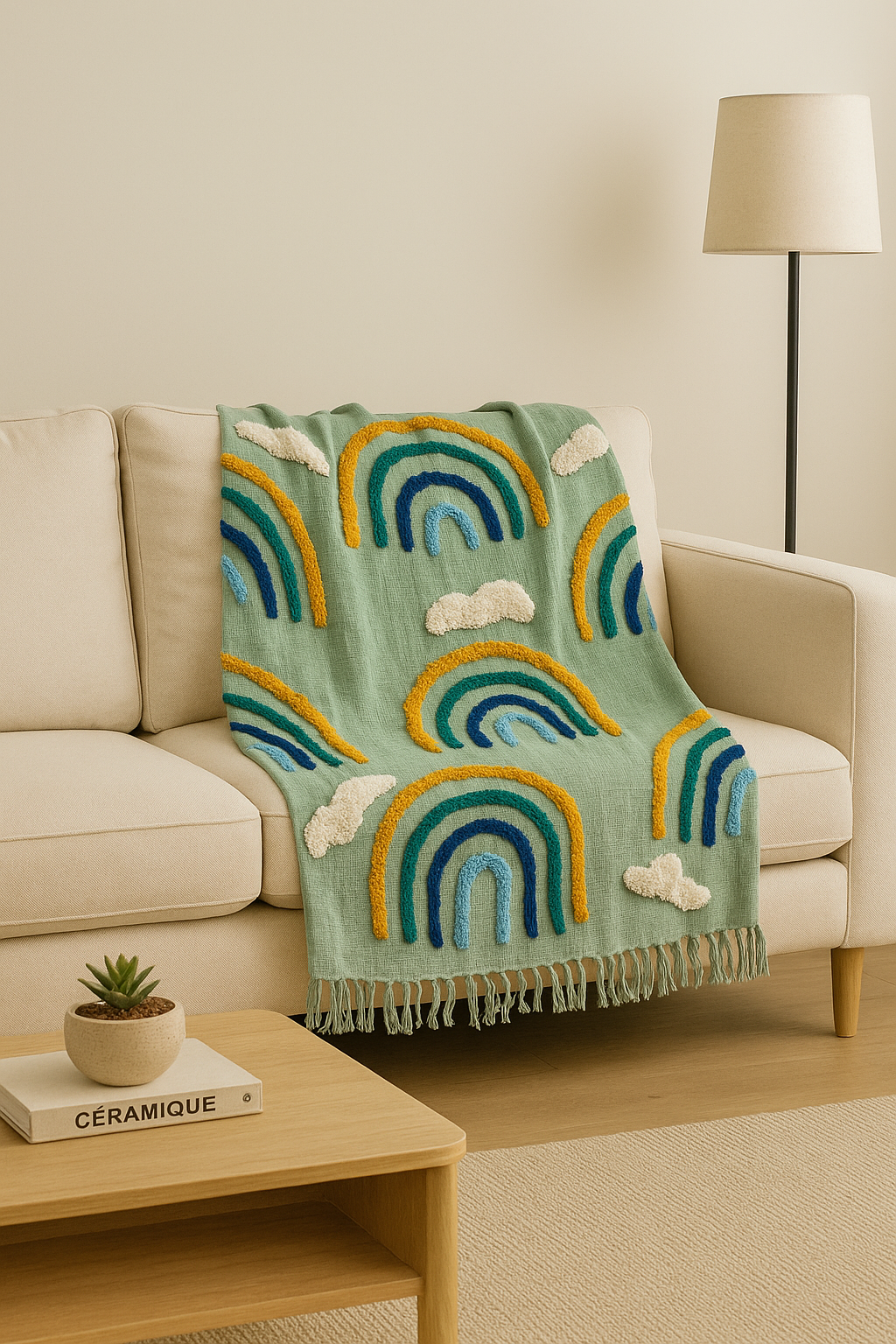 Green Clouds and Rainbow Tufted Cotton Throw