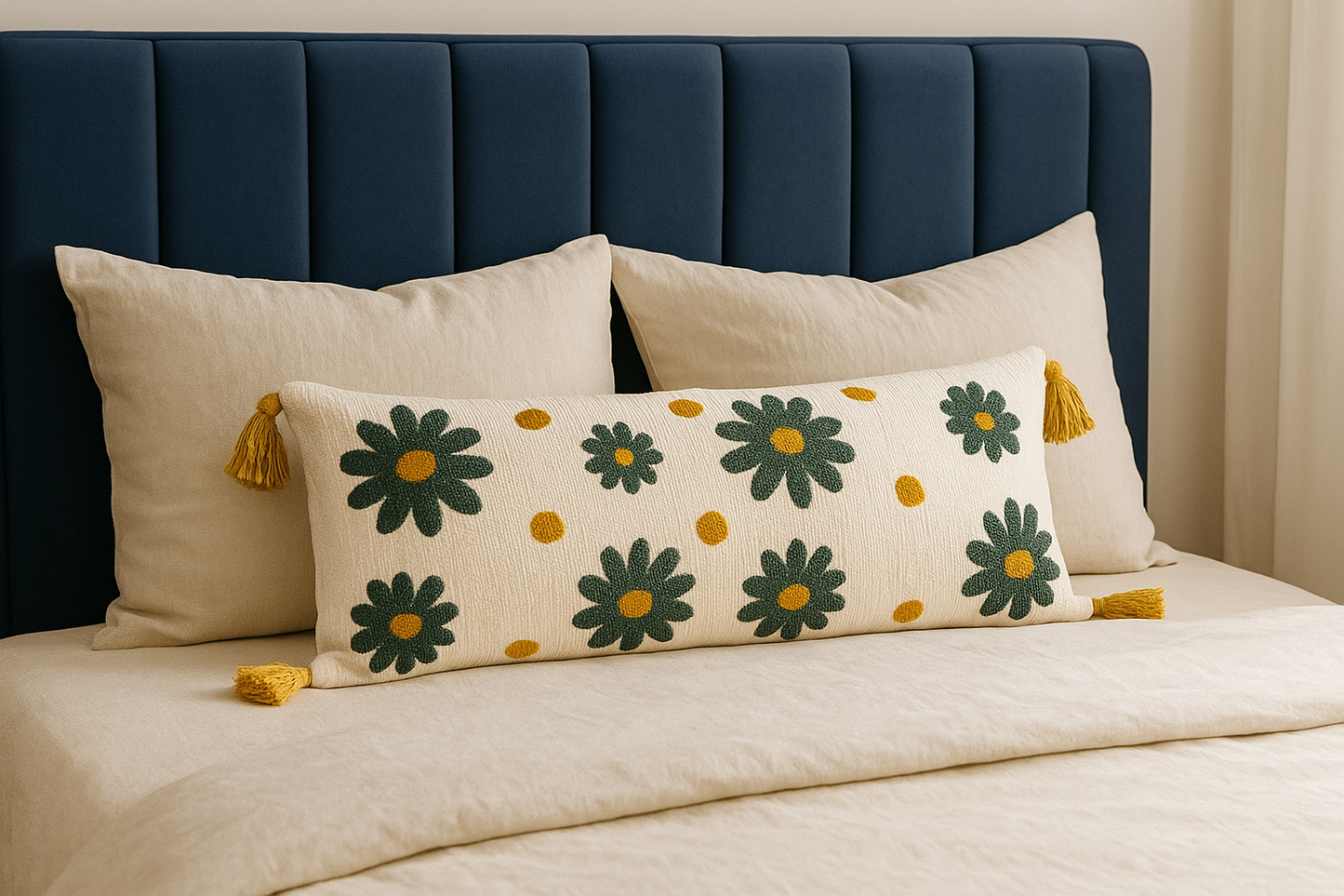 Blue floral Embroidered Lumbar Cushion with tassels- Modern Boho Embroidered Cotton Pillow for Sofa & Bed 36” X 14” (With Pillow)