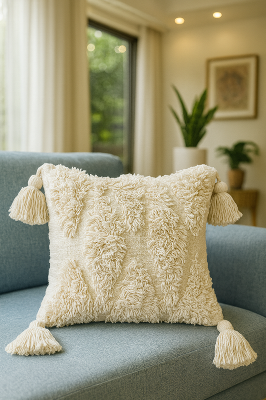Handmade tufted cotton cushion cover online in white with tassels – artisan boho pillow for living room sofa