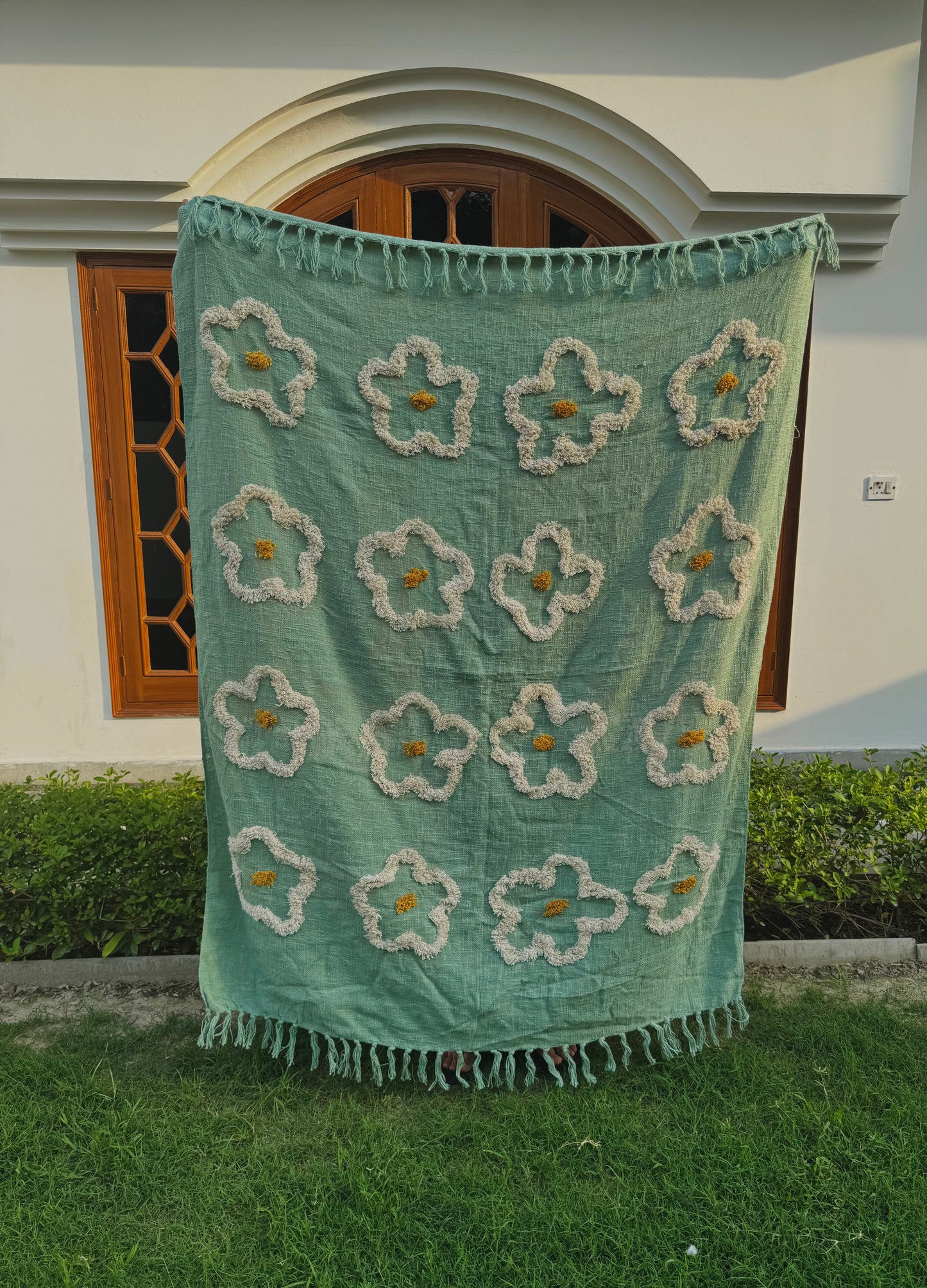 Hand-Tufted Floral Cotton Throw Blanket – Sage Green Sofa Accent with Fringe Detailing