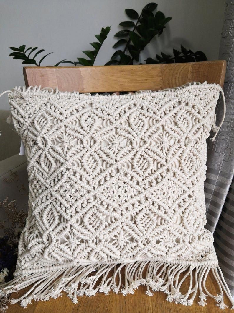 Macrame Cushion Cover with side fringes 16inch X 16 inch