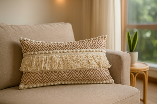 Handmade boho cotton lumbar pillow cover 12x20 with fringes