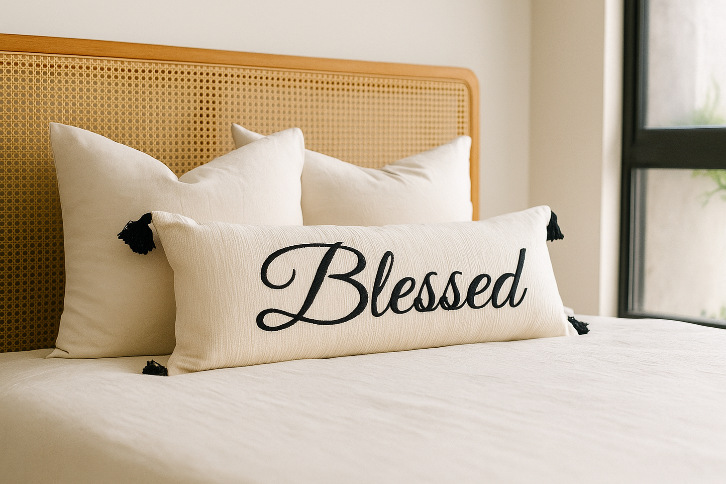 Blessed” Hand-Tufted Lumbar Cushion with Black Tassels – Embroidered Cotton Decorative Pillow for Modern Beds & Sofas with pillow insert (14 inch X 36 inch)