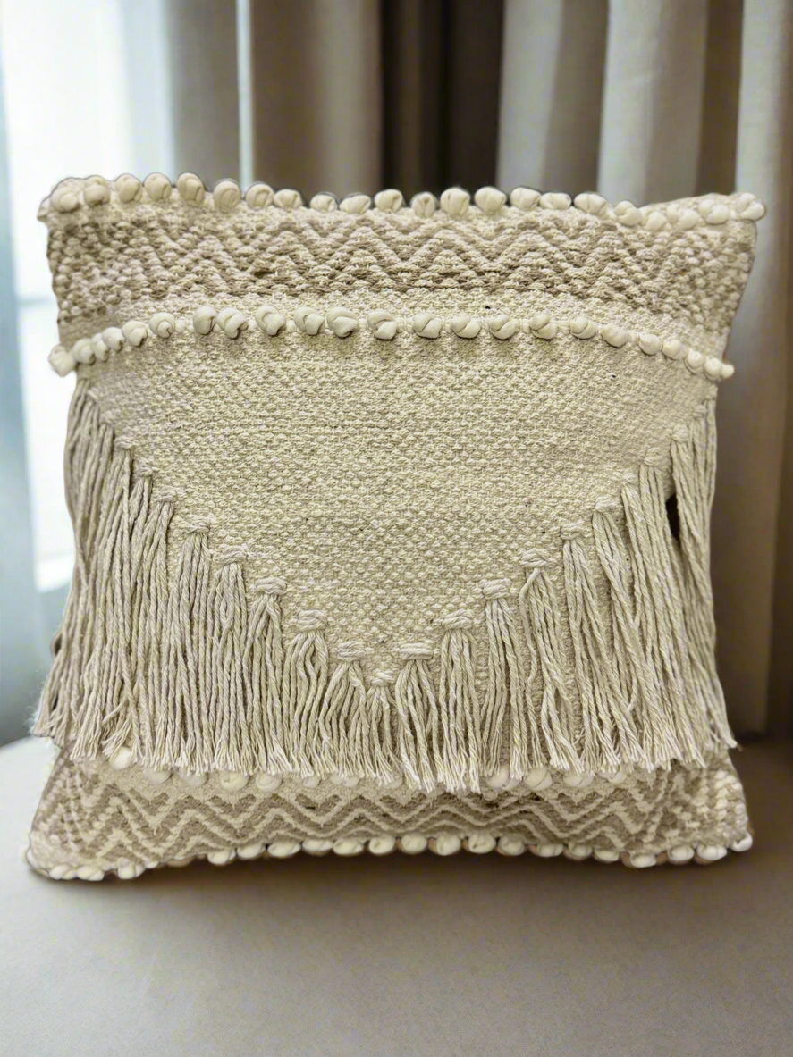 Boho Beige cushion cover with fringes 16 x 16 inch