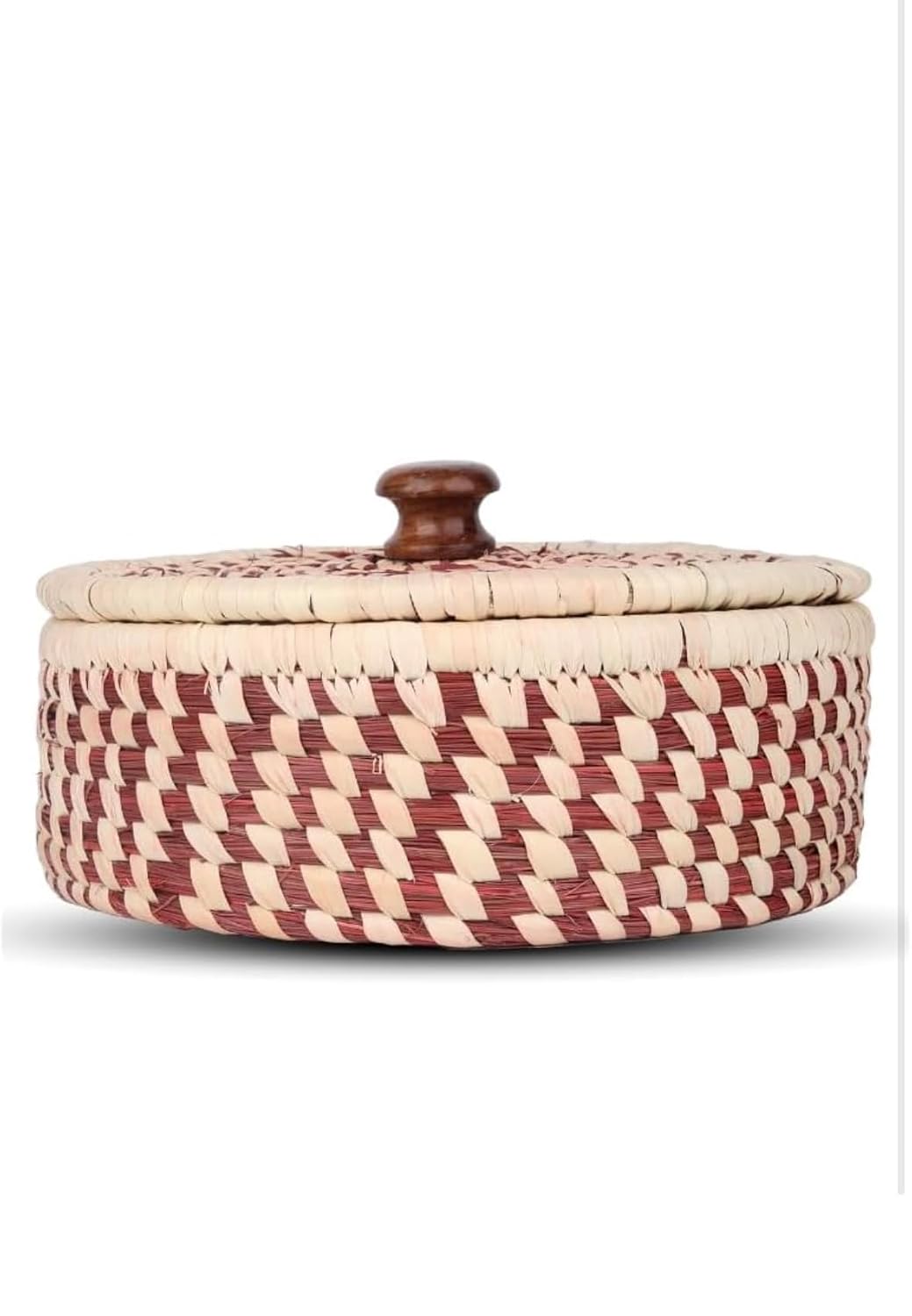 Handcrafted Sabai Grass Roti Box with Lid | Eco-Friendly Chapati Storage Basket for Kitchen | Natural Insulated Roti/Chapati Box with Wooden Knob – Keeps Rotis Warm (Red)
