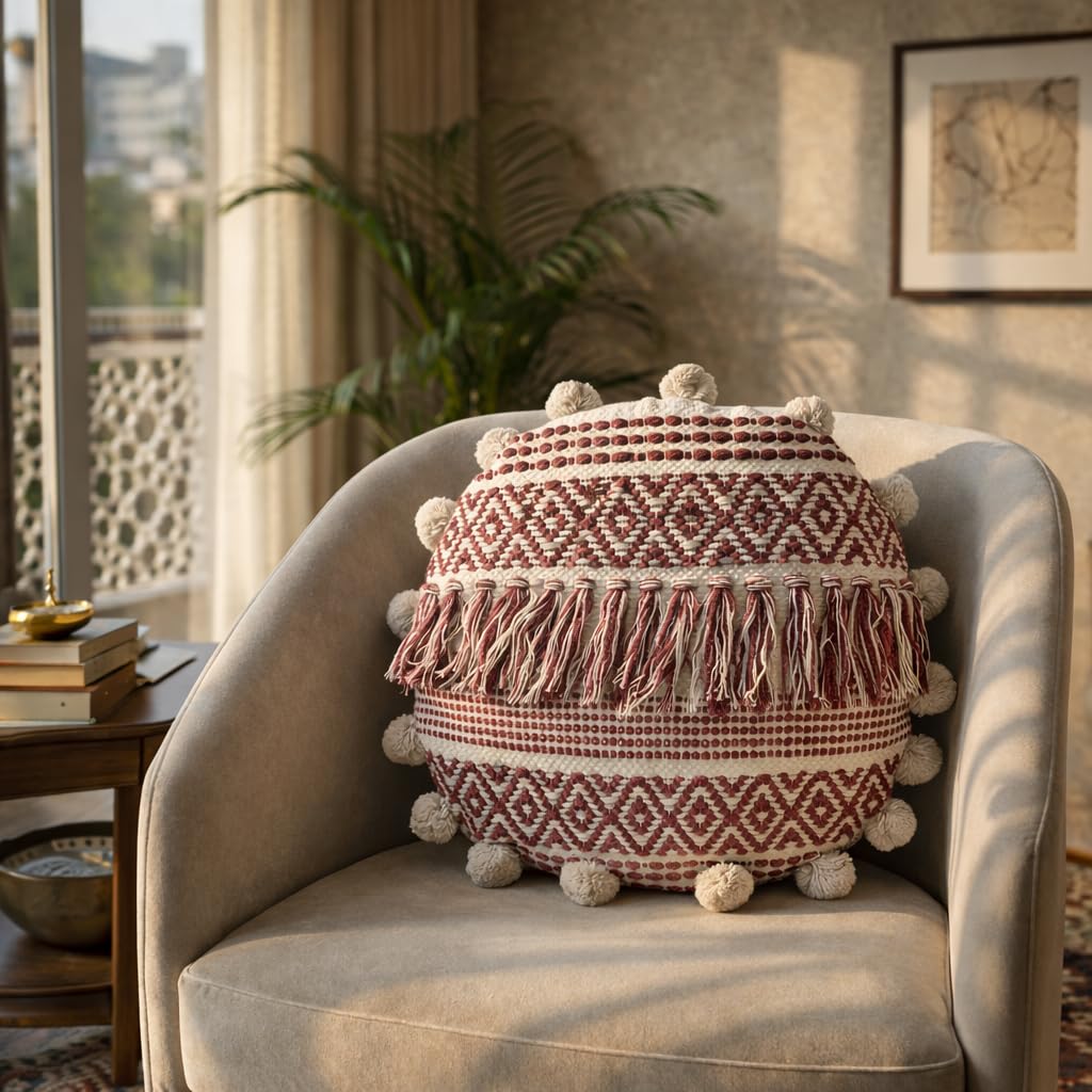 Prista Boho Round Cushion Cover with Pom Poms | Cotton Linen Textured | 16 x 16 inch | Sofa, Balcony & Bed Decor