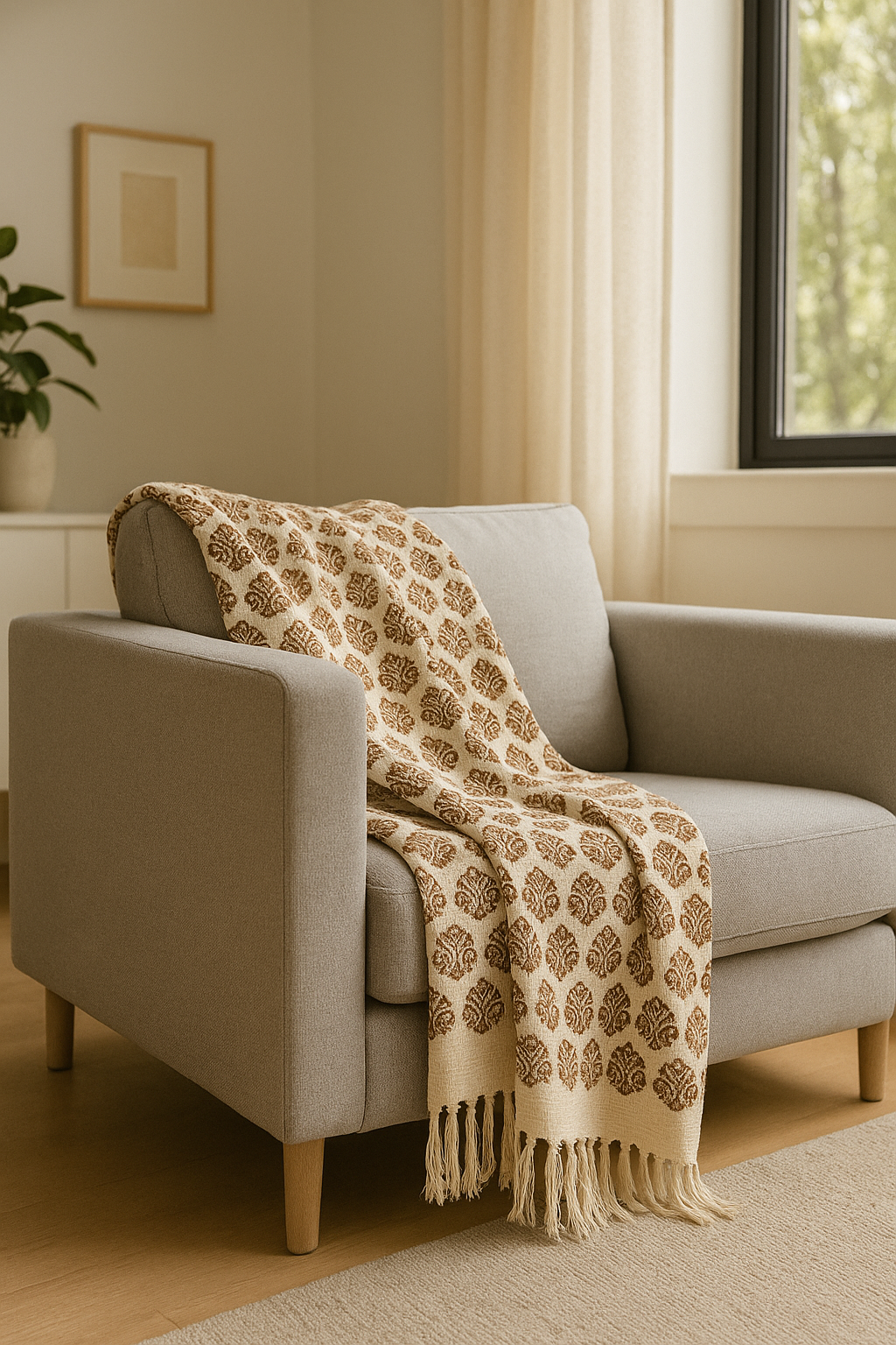 Handcrafted Slub Cotton Sofa Throw with Brown Block Print – Bohemian Fringe Blanket for Living Room & Bedroom Décor