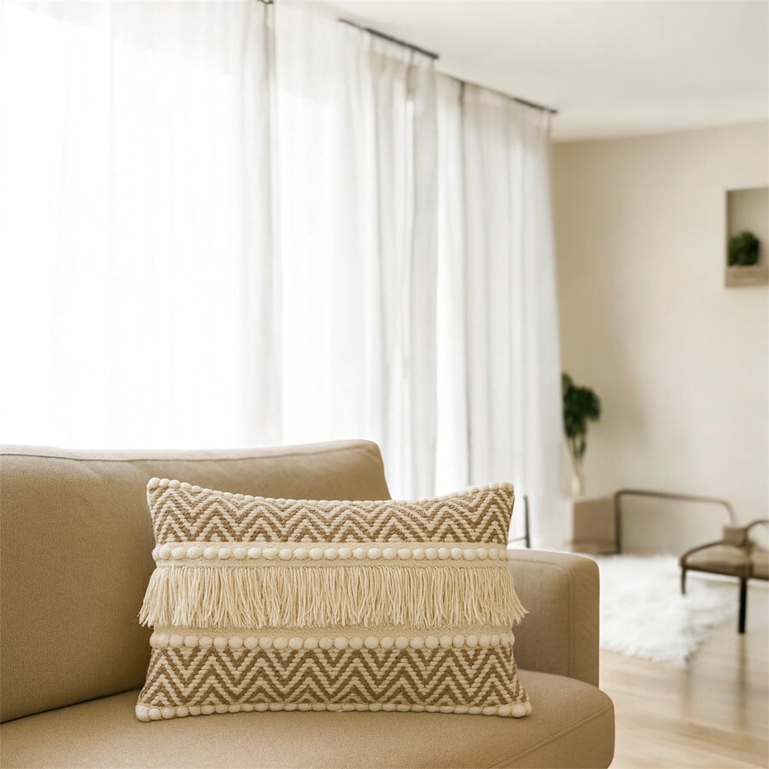 Boho Cushion Cover 12 x 20 India on beige sofa in modern living room – handmade cotton with zig-zag weave and fringes