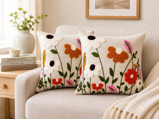 Prista Embroidered Cushion Covers Set of 2 (16x16 Inch) | Floral Cushion Cover for Sofa | Decorative Throw Pillow Covers for Living Room | Hidden Zipper (Multicolor Floral)