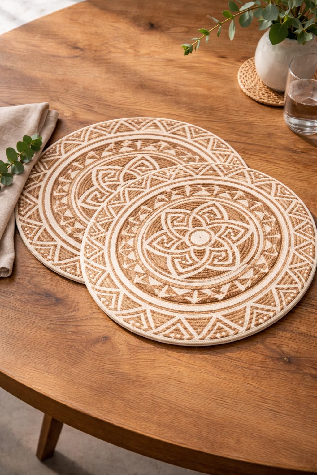Prista Round Jute Placemat with Geometric/Boho Pattern | Handwoven Cotton Jute Table Mat | Boho Dining Table & Coffee Table Decor | 38 cm (1, Tribal Mandala)