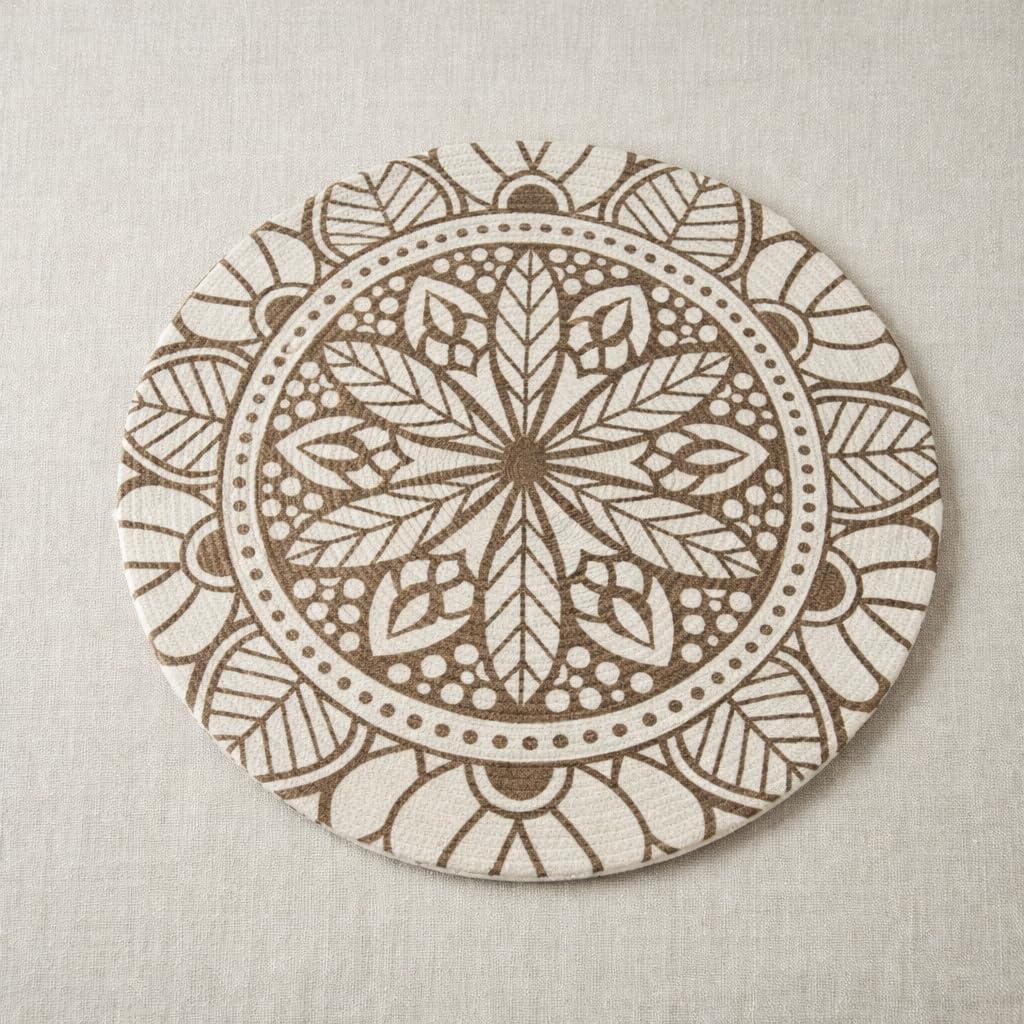 Prista Round Jute Placemat with Geometric/Boho Pattern | Handwoven Cotton Jute Table Mat | Boho Dining Table & Coffee Table Decor | 38 cm (1, Tribal Mandala)