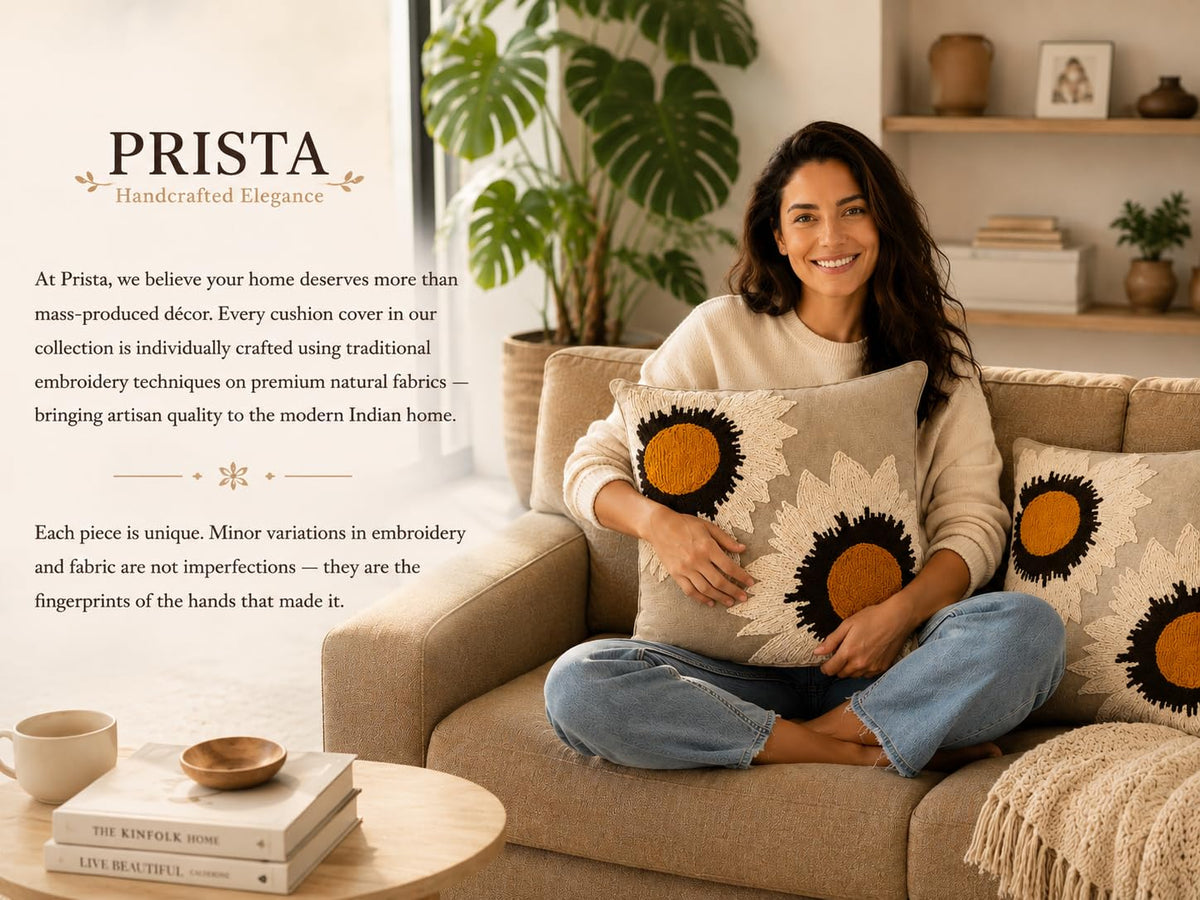 Prista Embroidered Cushion Cover 16x16 Inch | Decorative Textured Throw Pillow Cover for Sofa, Living Room & Bedroom | Cotton Slub Cushion Cover | Boho Home Decor | 40 x 40 cm (1, Golden Bloom)