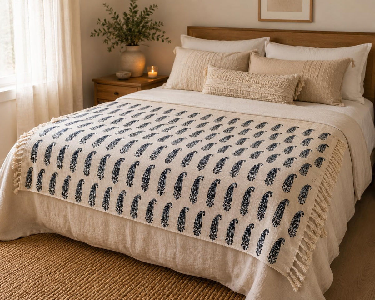 Prista Handblock Printed Throw Blanket with Tassels | Soft Cotton Decorative Throw for Sofa, Bed & Couch | Floral Printed Boho Throw Blanket for Living Room Decor (75x 52 inches) (Daisy)