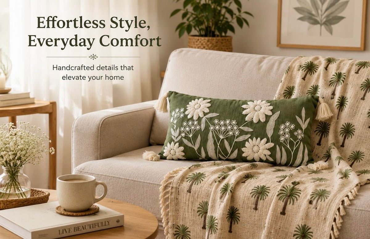 Prista Handblock Printed Throw Blanket with Tassels | Soft Cotton Decorative Throw for Sofa, Bed & Couch | Floral Printed Boho Throw Blanket for Living Room Decor (75x 52 inches) (Daisy)