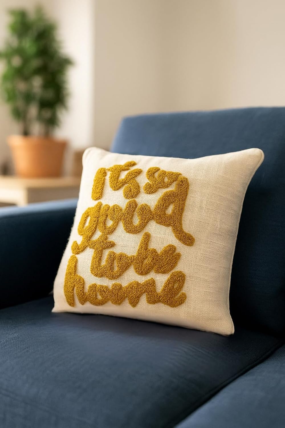 Prista Handcrafted Aesthetic Cushion Cover for Sofa & Living Room | Handcrafted Designer Cushion Cover for Bedroom & Home Décor – 16x16 Inch | Quoted Its So Good to be Home (Off White and Mustard)