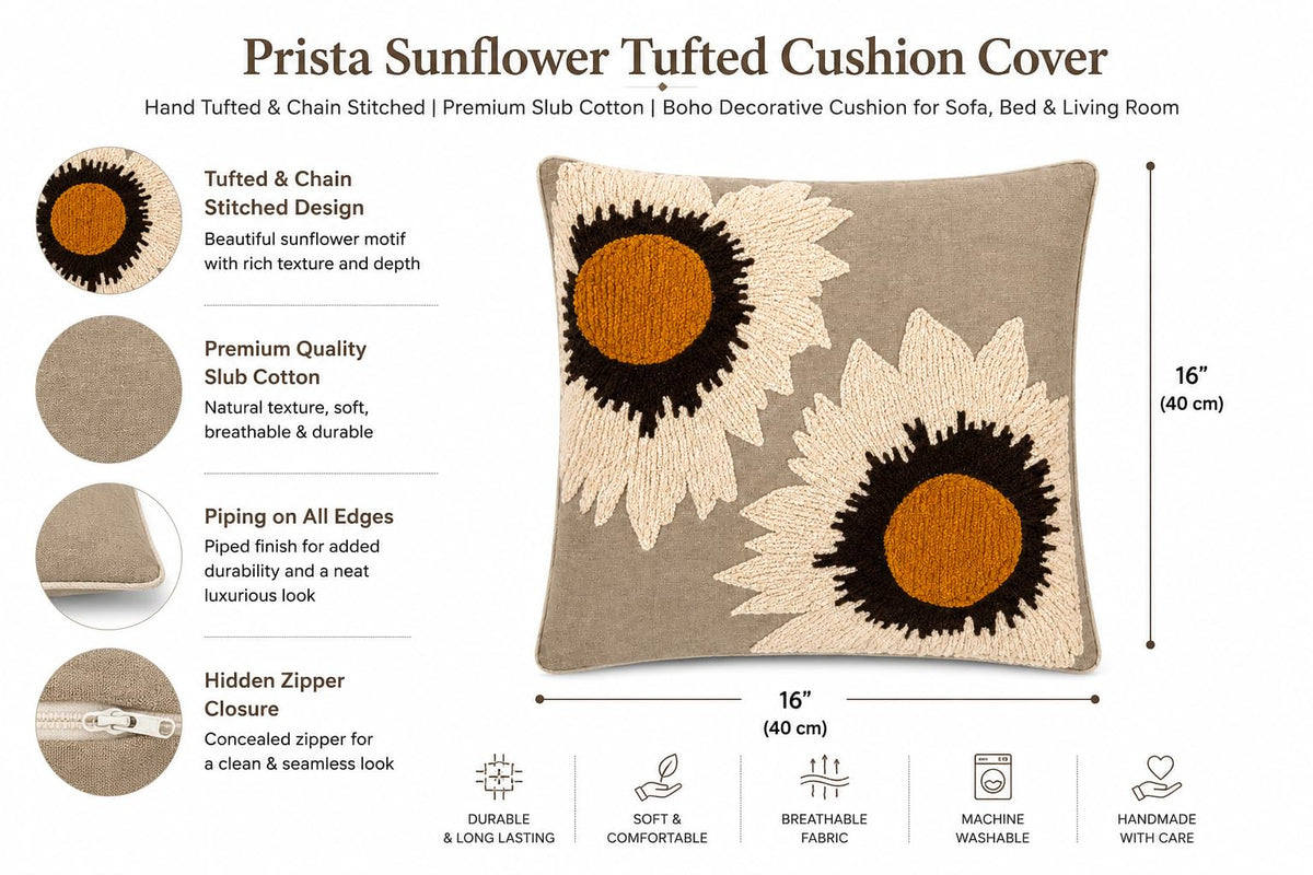 Prista Embroidered Cushion Cover 16x16 Inch | Decorative Textured Throw Pillow Cover for Sofa, Living Room & Bedroom | Cotton Slub Cushion Cover | Boho Home Decor | 40 x 40 cm (1, Golden Bloom)