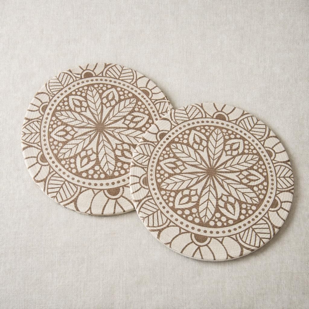 Prista Round Jute Placemat with Geometric/Boho Pattern | Handwoven Cotton Jute Table Mat | Boho Dining Table & Coffee Table Decor | 38 cm (1, Tribal Mandala)