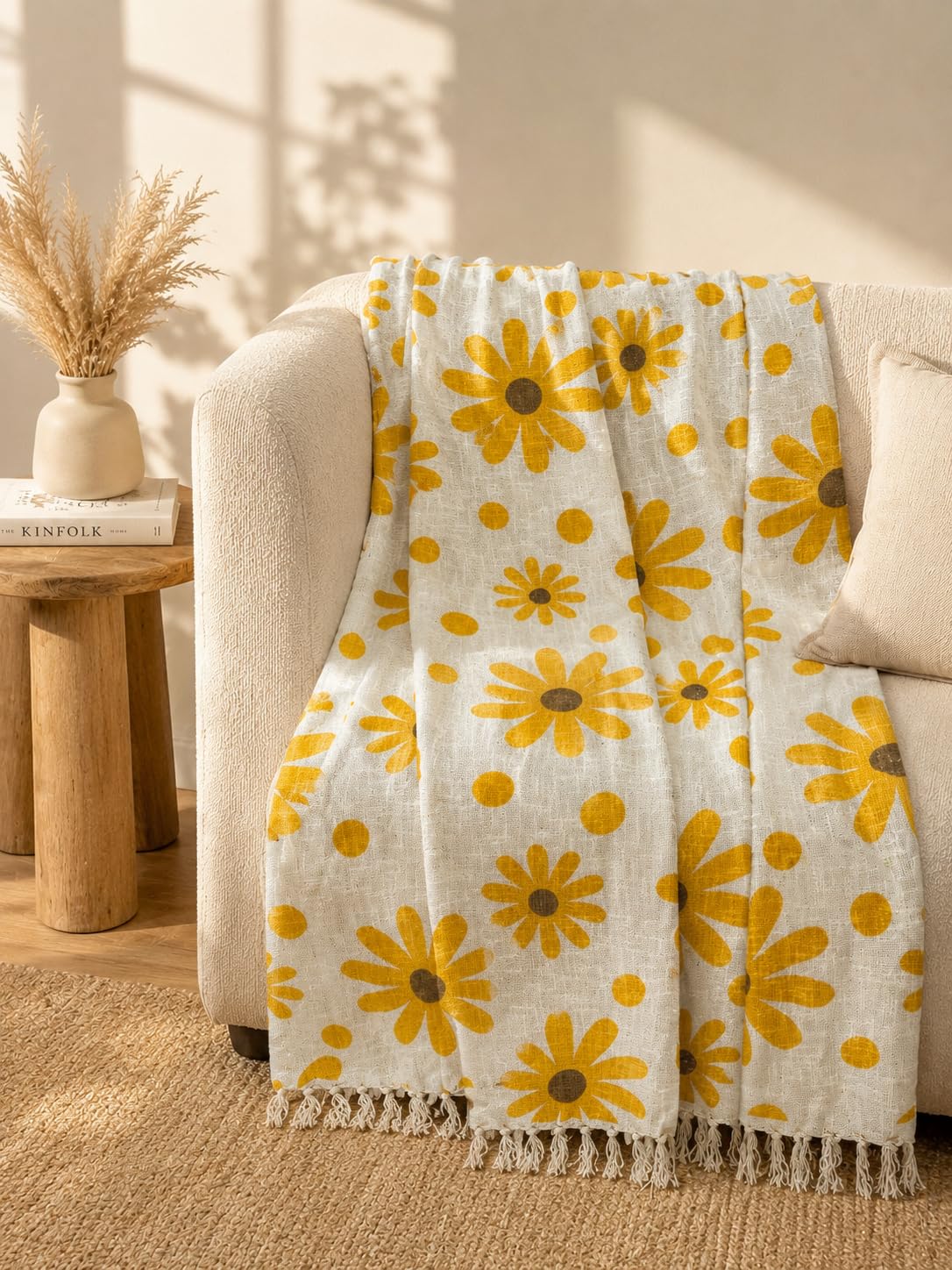 Prista Handblock Printed Throw Blanket with Tassels | Soft Cotton Decorative Throw for Sofa, Bed & Couch | Floral Printed Boho Throw Blanket for Living Room Decor (75x 52 inches) (Daisy)