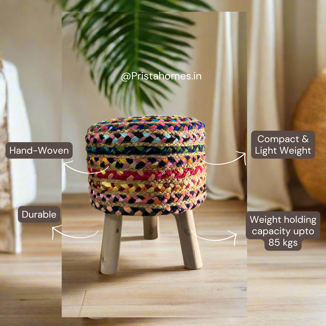 Hand-woven jute multi color stool