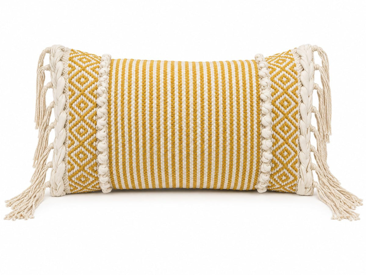 Boho Cotton Lumbar Cushion Cover 20x12 Inch with Fringe & Hidden Zip – Premium Decorative Rectangular Cushion for Sofa, Bed & Living Room Home Décor