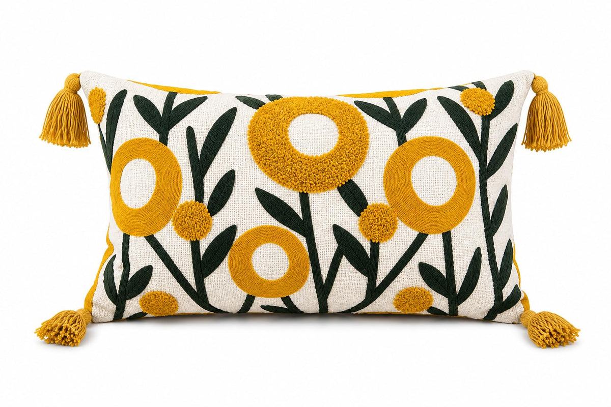 Prista Floral Embroidered Cushion Cover 12x20 Inch | Hand Embroidered Slub Cotton Lumbar Pillow Cover with Tassels | Boho Decorative Cushion for Sofa, Bed & Living Room (Autumn Bloom)