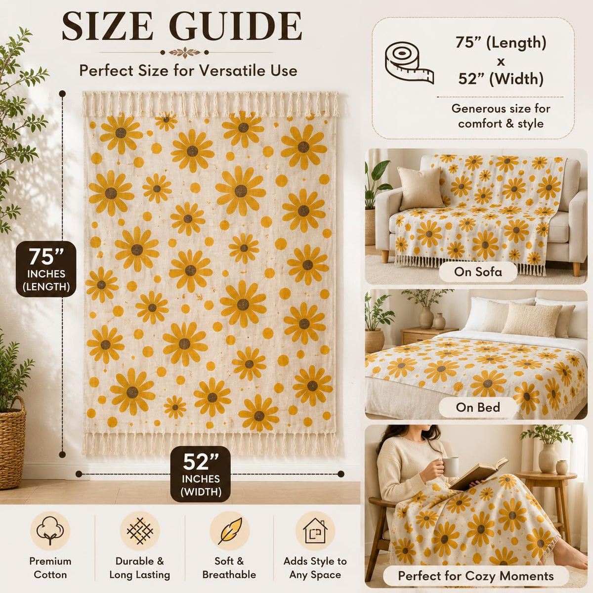 Prista Handblock Printed Throw Blanket with Tassels | Soft Cotton Decorative Throw for Sofa, Bed & Couch | Floral Printed Boho Throw Blanket for Living Room Decor (75x 52 inches) (Daisy)
