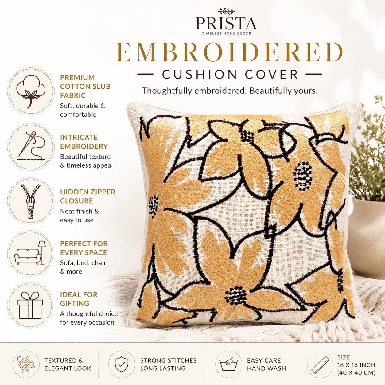 Prista Embroidered Cushion Cover 16x16 Inch | Decorative Textured Throw Pillow Cover for Sofa, Living Room & Bedroom | Cotton Slub Cushion Cover | Boho Home Decor | 40 x 40 cm (1, Golden Bloom)