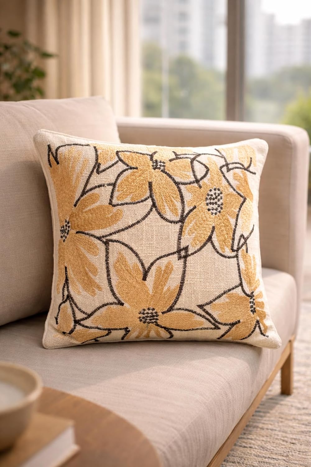 Prista Embroidered Cushion Cover 16x16 Inch | Decorative Textured Throw Pillow Cover for Sofa, Living Room & Bedroom | Cotton Slub Cushion Cover | Boho Home Decor | 40 x 40 cm (1, Golden Bloom)