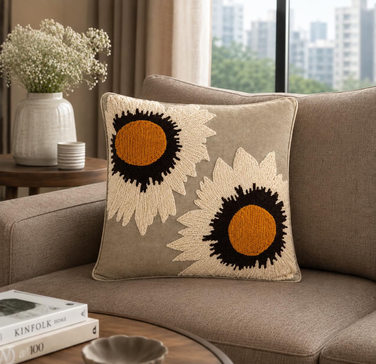 Prista Embroidered Cushion Cover 16x16 Inch | Decorative Textured Throw Pillow Cover for Sofa, Living Room & Bedroom | Cotton Slub Cushion Cover | Boho Home Decor | 40 x 40 cm (1, Golden Bloom)